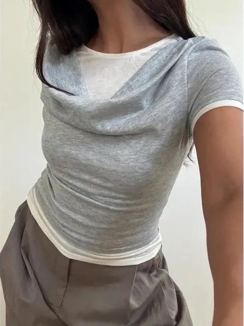 Current/Elliott Light Gray Tee With Cream Layer